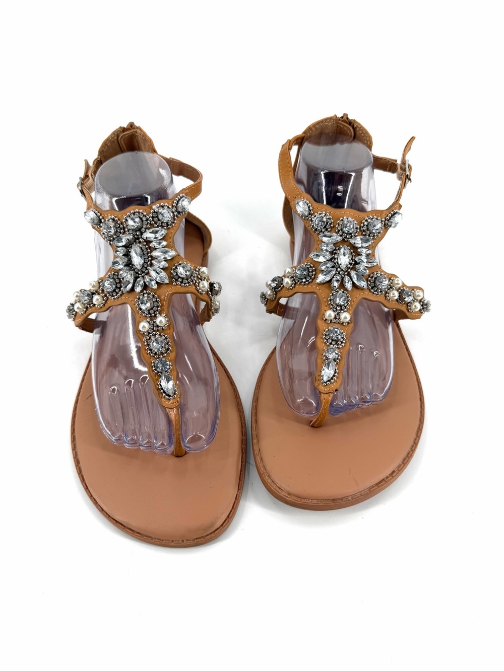 Torrid T Strap Tan Embellished Rhinestone Pearl Adjustable Strap Slip On Sandal